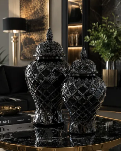   2 Sets of Vase Min Rhombus Black M+L